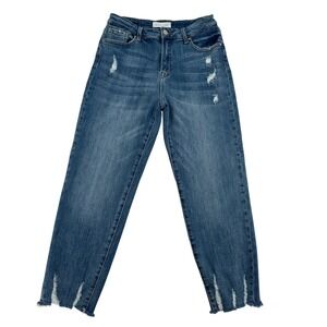 Risen Size 9/29 Jeans Distressed Hem Mom Jeans  Distressed Denim Blue Raw Hem